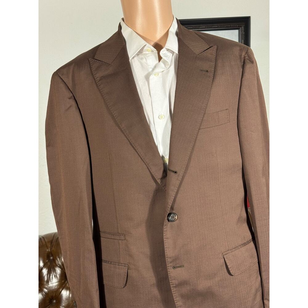 Brunello Cucinelli Brown Herringbone Wool Cotton Silk Peak Lapel Blazer 52 42R